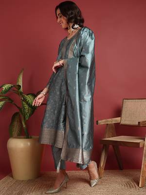 women teal silk blend ethnic motifs woven design straight kurta trousers with dupatta 3