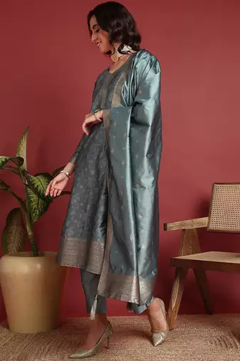 women teal silk blend ethnic motifs woven design straight kurta trousers with dupatta
