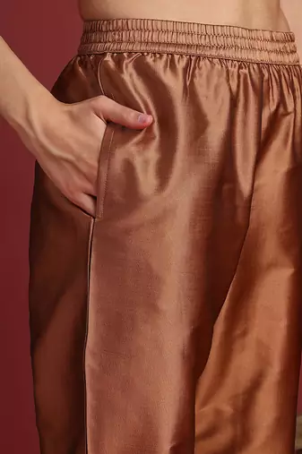 women brown silk blend ethnic motifs woven design straight kurta trousers with dupatta