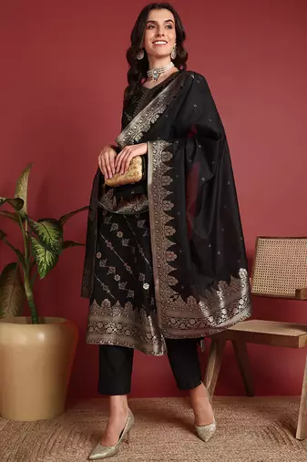 women black silk blend ethnic motifs woven design straight kurta trousers with dupatta