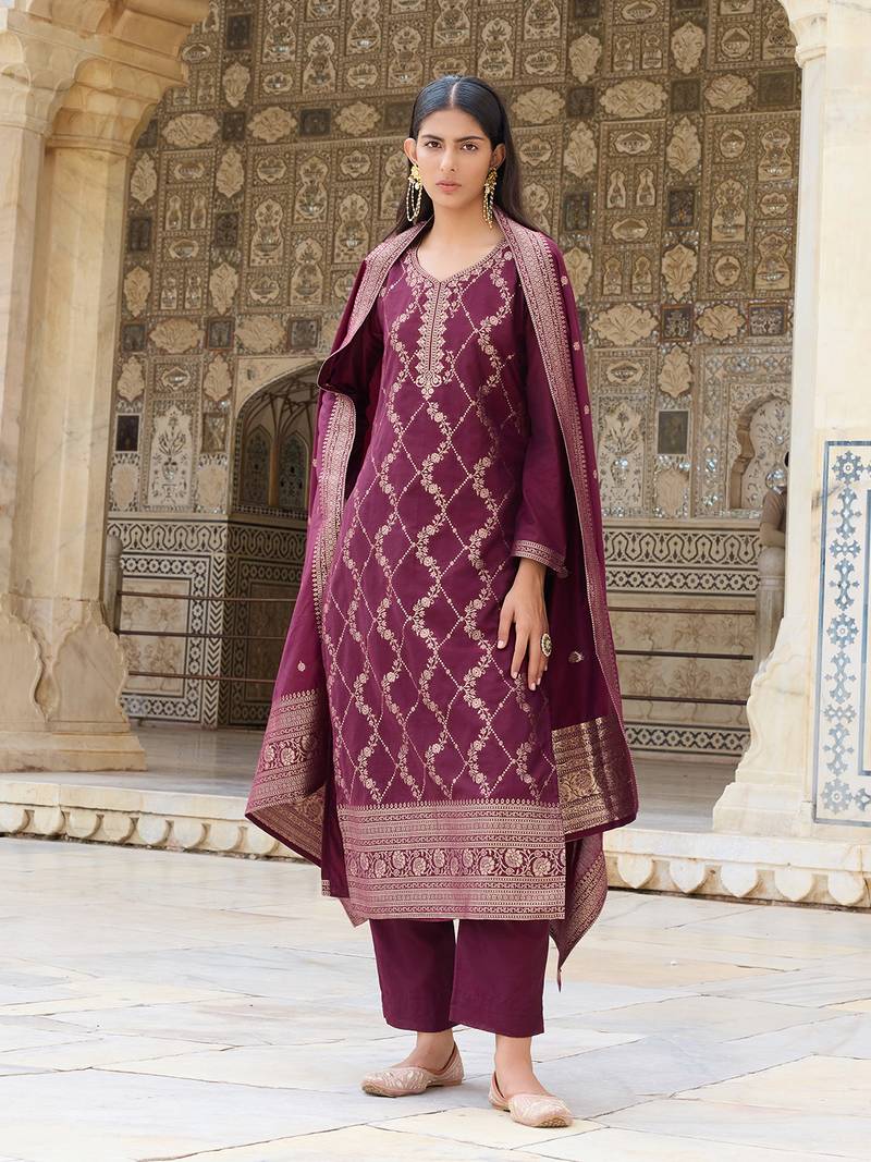 Ahika women burgundy silk blend ethnic motifs woven design straight kurta trousers with dupatta