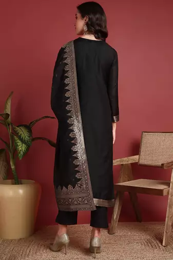 women black silk blend ethnic motifs woven design straight kurta trousers with dupatta