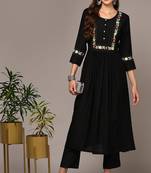 Women black embroidered rayon ethnic kurti