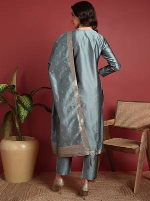 women teal silk blend ethnic motifs woven design straight kurta trousers with dupatta 4