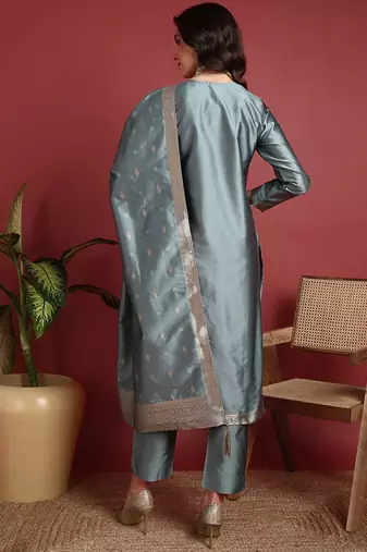 women teal silk blend ethnic motifs woven design straight kurta trousers with dupatta