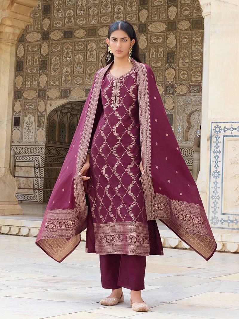 Ahika women burgundy silk blend ethnic motifs woven design straight kurta trousers with dupatta