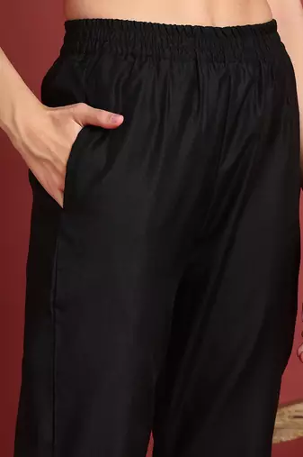 women black silk blend ethnic motifs woven design straight kurta trousers with dupatta