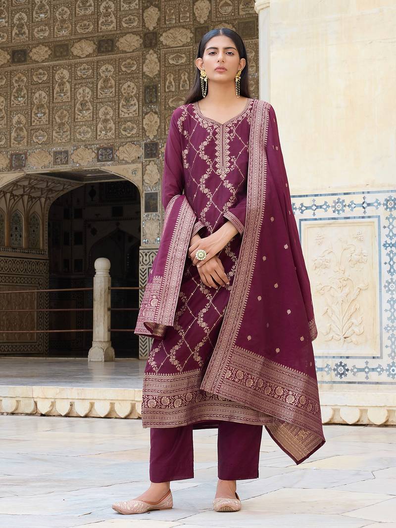 Ahika women burgundy silk blend ethnic motifs woven design straight kurta trousers with dupatta