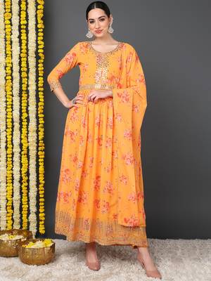 women orange georgette floral embroidered anarkali kurta trousers with dupatta 1
