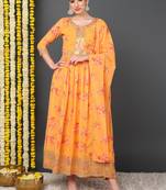 women orange georgette floral embroidered anarkali kurta trousers with dupatta
