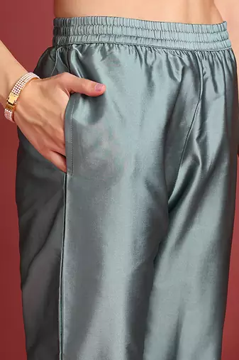 women teal silk blend ethnic motifs woven design straight kurta trousers with dupatta