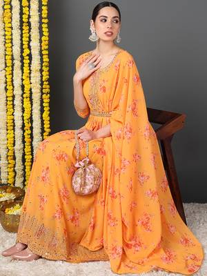 women orange georgette floral embroidered anarkali kurta trousers with dupatta 2