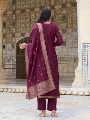 Ahika women burgundy silk blend ethnic motifs woven design straight kurta trousers with dupatta 5