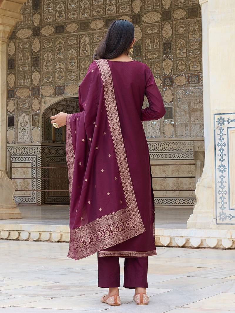 Ahika women burgundy silk blend ethnic motifs woven design straight kurta trousers with dupatta