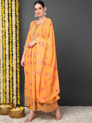 women orange georgette floral embroidered anarkali kurta trousers with dupatta 3