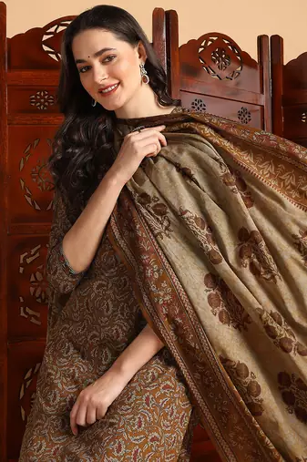 women mustard pure cotton floral printed straight kurta trousers with dupatta