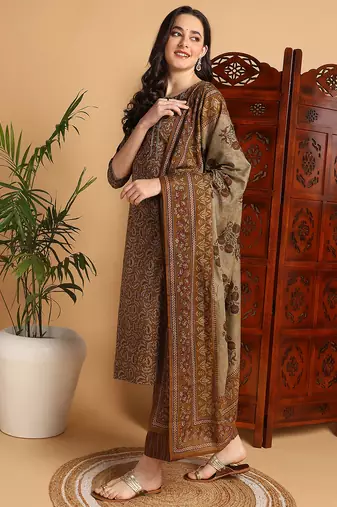 women mustard pure cotton floral printed straight kurta trousers with dupatta