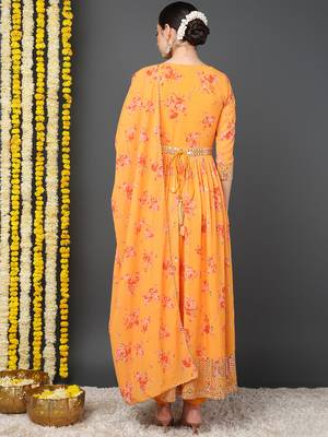 women orange georgette floral embroidered anarkali kurta trousers with dupatta 4