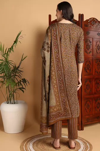 women mustard pure cotton floral printed straight kurta trousers with dupatta