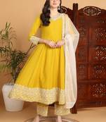 women yellow silk blend solid embroidered anarkali kurta trousers with dupatta