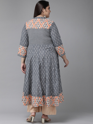 Women'S Plus Size Ikat Printed Anarkali Kurti (Grey) 2