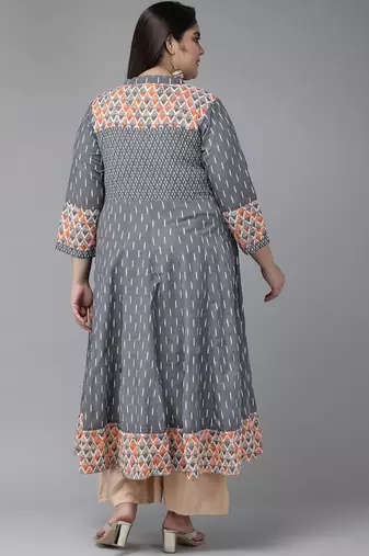 Women'S Plus Size Ikat Printed Anarkali Kurti (Grey)