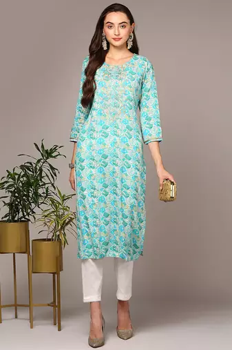 Women blue printed rayon ethnic kurti