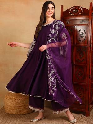 Purple Polyester Threadwork Anarkali Suit 1