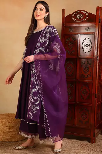 Purple Polyester Threadwork Anarkali Suit