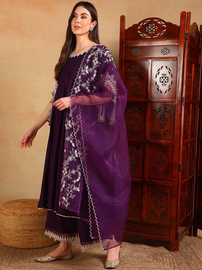 Purple Polyester Threadwork Anarkali Suit