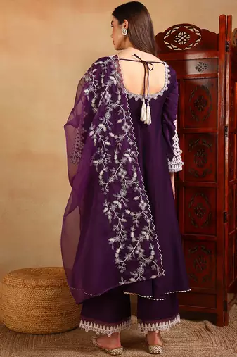 Purple Polyester Threadwork Anarkali Suit