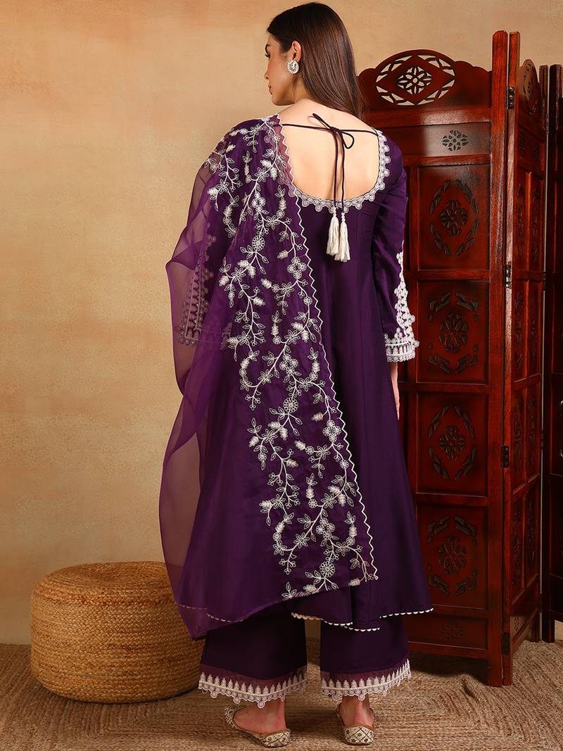Purple Polyester Threadwork Anarkali Suit