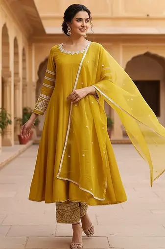 women yellow silk blend solid embroidered anarkali kurta palazzos with dupatta