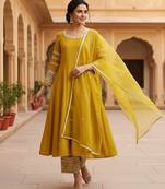 women yellow silk blend solid embroidered anarkali kurta palazzos with dupatta