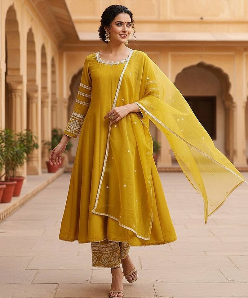 women yellow silk blend solid embroidered anarkali kurta palazzos with dupatta
