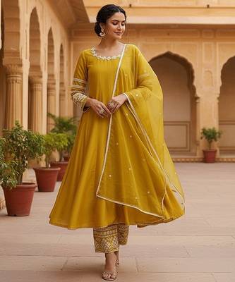 women yellow silk blend solid embroidered anarkali kurta palazzos with dupatta 2