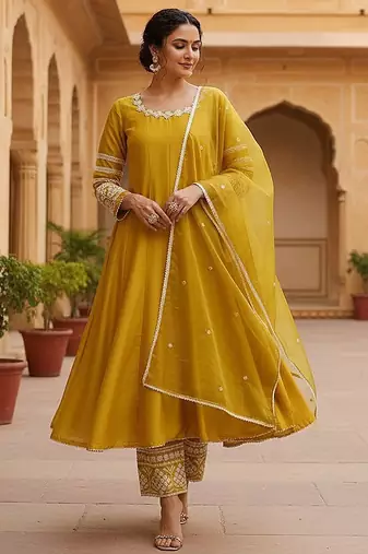 women yellow silk blend solid embroidered anarkali kurta palazzos with dupatta
