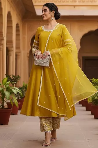 women yellow silk blend solid embroidered anarkali kurta palazzos with dupatta
