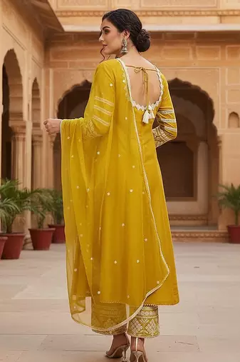 women yellow silk blend solid embroidered anarkali kurta palazzos with dupatta