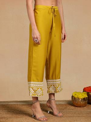 women yellow silk blend solid embroidered anarkali kurta palazzos with dupatta 5