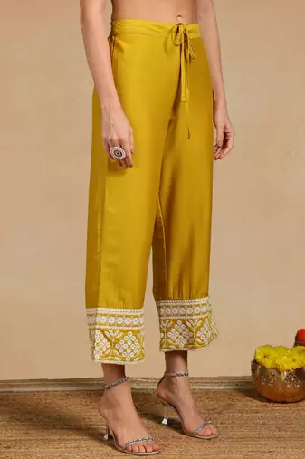 women yellow silk blend solid embroidered anarkali kurta palazzos with dupatta