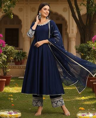 women navy blue silk blend solid embroidered anarkali kurta palazzos with dupatta 1