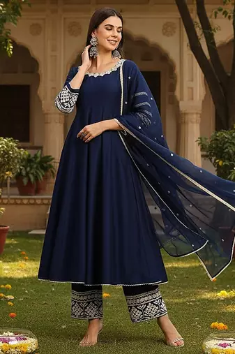 women navy blue silk blend solid embroidered anarkali kurta palazzos with dupatta