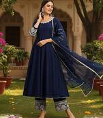women navy blue silk blend solid embroidered anarkali kurta palazzos with dupatta
