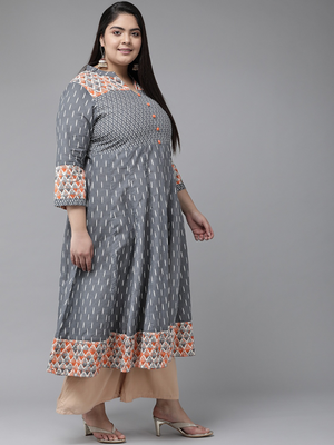 Women'S Plus Size Ikat Printed Anarkali Kurti (Grey) 3