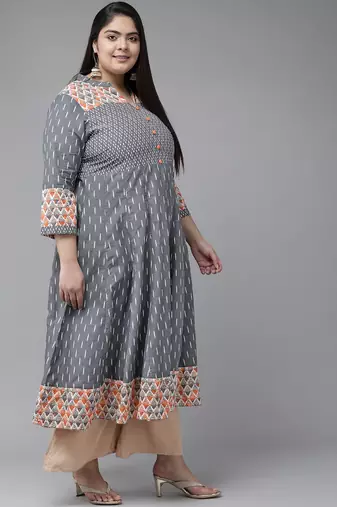 Women'S Plus Size Ikat Printed Anarkali Kurti (Grey)