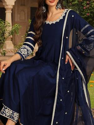 women navy blue silk blend solid embroidered anarkali kurta palazzos with dupatta 2