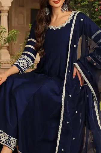 women navy blue silk blend solid embroidered anarkali kurta palazzos with dupatta