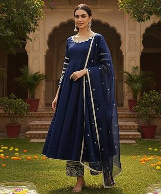 women navy blue silk blend solid embroidered anarkali kurta palazzos with dupatta 3