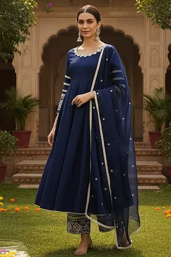 women navy blue silk blend solid embroidered anarkali kurta palazzos with dupatta